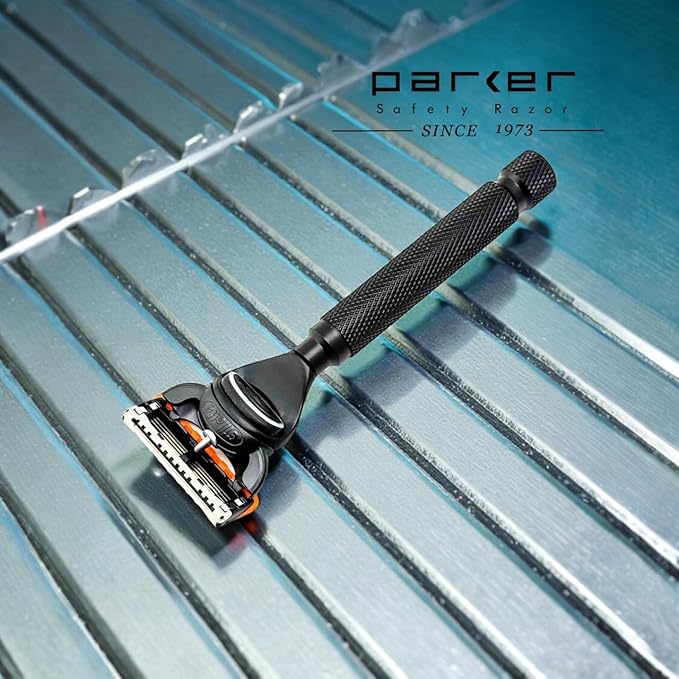 Parker 5-Blade Razor Handle Compatible with Gillette® Fusion® Cartridges – Weighted Metal Handle with Textured Grip for Smooth, Tug-Free Shaving | Luxury Men’s Gift | 1 Cartridge Included (BLACK)