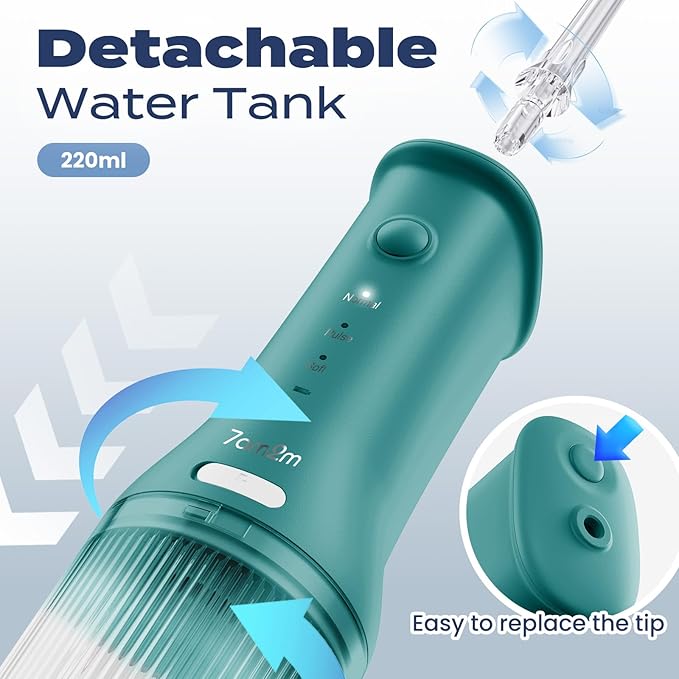 7AM2M Portable Cordless Water Flosser, Oral Irrigator with 3 Modes & 2 Tips (Peacock Green)