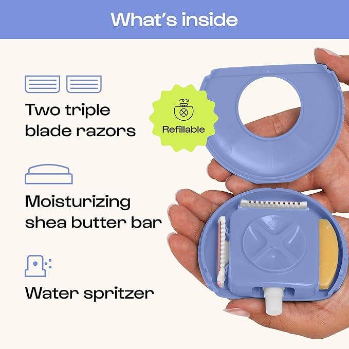 Alleyoop Portable Travel Razors For Women - Perfect For Touch Ups On-The-Go - Includes Refillable Blades, Moisturizing Bar & Water Spray Bottle - Safe For All/Sensitive Skin Types (Periwinkle)