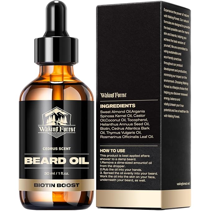 Waking Forest Cedar Beard Oil for Men - Biotin Mustache Oil with Vitamin E, Rosemary & Castor - Beard Care Softener, Strengthens, and Moisturizes - Beard Conditioner (1 oz)