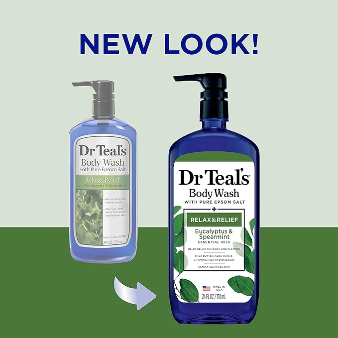 Dr Teal's Body Wash with Pure Epsom Salt, Relax & Relief with Eucalyptus & Spearmint, 24 fl oz (Pack of 4) (Packaging May Vary) & Pure Epsom Salt Soak, Relax & Relief with Eucalyptus & Spearmint, 3lbs