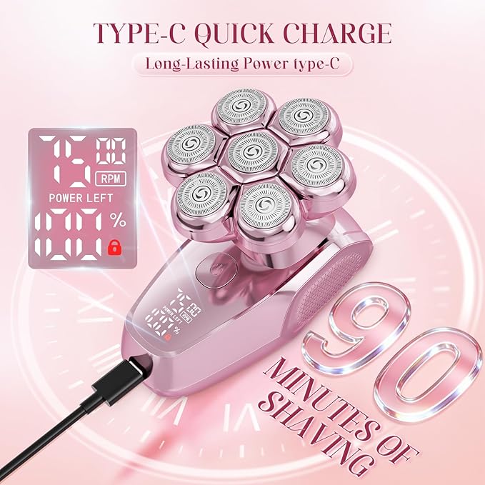 Electric Razors for Women - 7D Electric Shaver for Women, IPX8 Waterproof with USB-C Fast Charge, LED Display, 2 Speeds & Magnetic Heads, Valentines Day Gifts for her