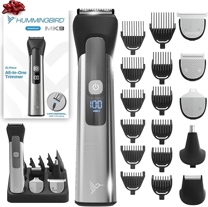 HUMMINGBIRD MK9 MasterGroom All-in-One Trimmer – 21-Piece Men's Grooming Kit for Beard, Head, Hair, Body, and Face, Waterproof, Stainless Steel, USB C Rechargeable, LED Display