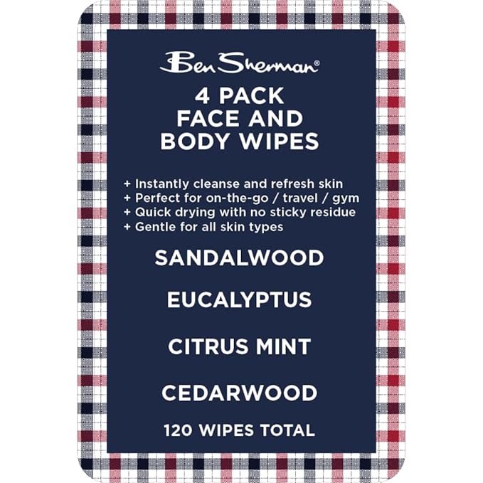 Ben Sherman Men's Face Wipes - 4 Pack (120 Total) Cleansing Wipes for Men with Cedarwood, Sandalwood, Eucalyptus & Citrus Mint