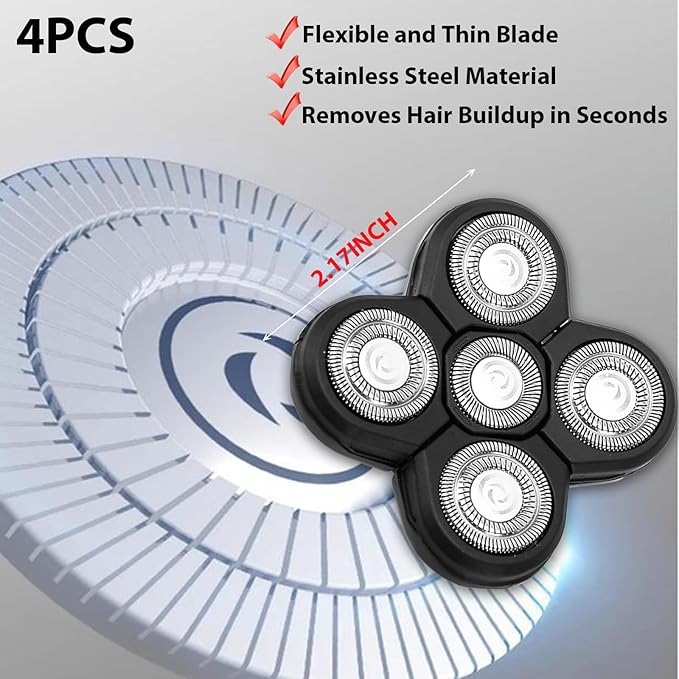 4 Pack Head Shaver Replacement Blades, 5 Blades Shaver Replacement Heads for Bald Men Universal Head and Face Electric Razor Kit with 4 Cleaning Brush