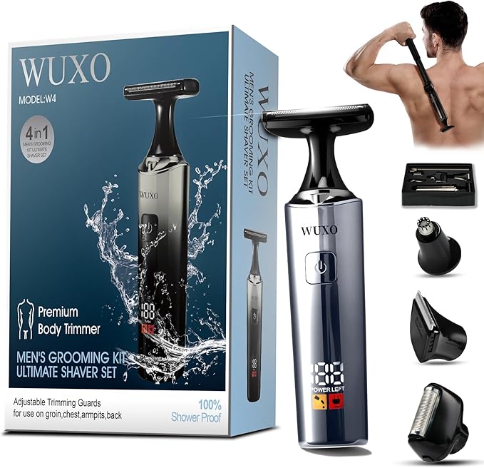 Electric Groin Hair Trimmer, LED Display Back Shaver for Men, Safety Lock, IPX7 Waterproof Wet/Dry Clippers, Rechargeable with Long Handle, Multi-Functional Back Trimmer for Men,(Soft Silver)