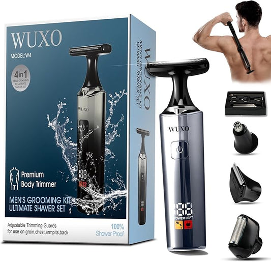 Electric Groin Hair Trimmer, LED Display Back Shaver for Men, Safety Lock, IPX7 Waterproof Wet/Dry Clippers, Rechargeable with Long Handle, Multi-Functional Back Trimmer for Men,(Soft Silver)
