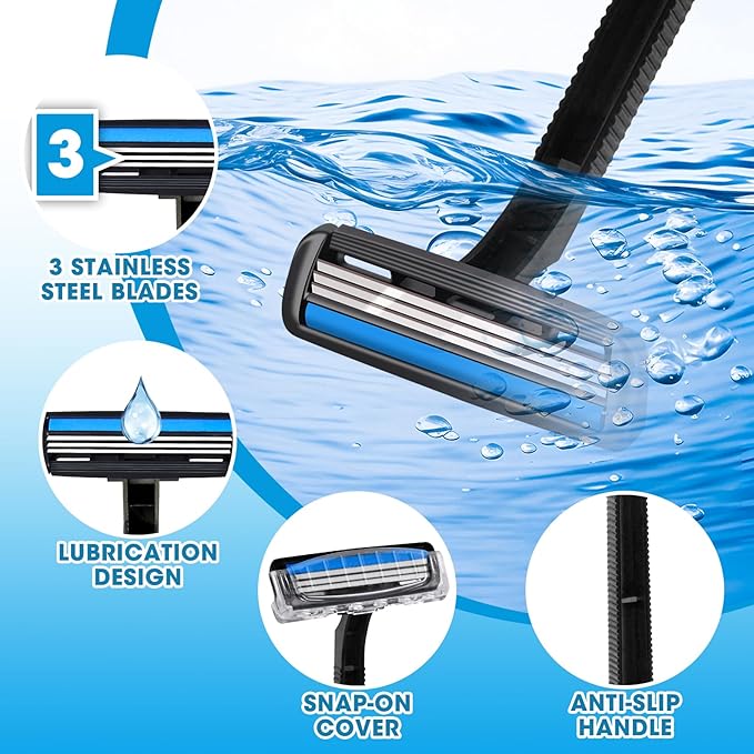 CXYARY 45 Pcs 3 Blade Disposable Razors With Clear Safety Cap, Shaving Razors Bulk for Men &Women, Stainless Steel Blade, Multipurpose Portable Shave Razor for Bathing Hotel Travel, Black