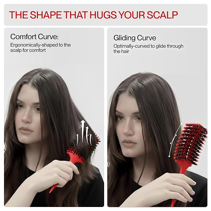 COCCO Aura Vent Boar Brush | Vented Dual-Curved Design for Faster Drying, Effortless Detangling & Shine, Boar + Nylon Bristles, Ergonomic Comfort Handle for Wet & Dry Hair Styling - Red