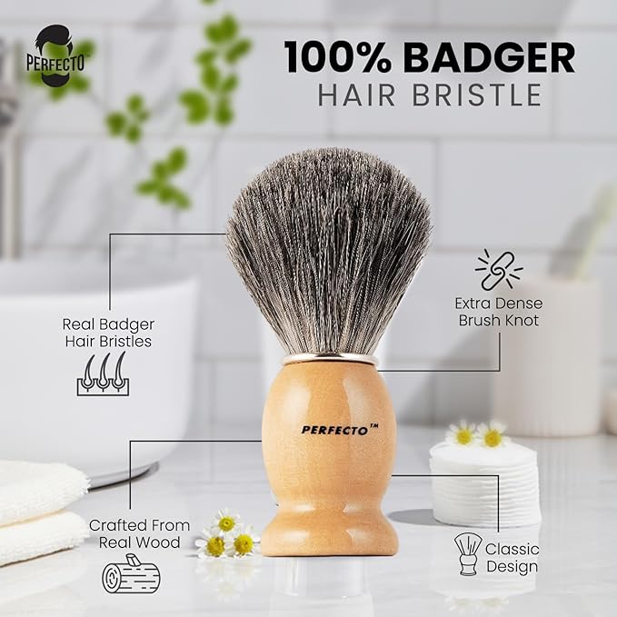 Perfecto 100% Original Pure Badger Shaving Brush, Engineered for The Best Fathers Day Gift. All Methods, Safety Razor, Double Edge Razor, Straight Razor, Shaving Razor, Gift for Dad Badger Brush.