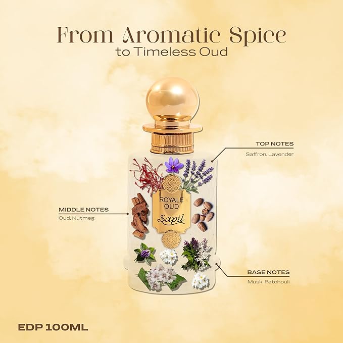 Sapil Royale Oud Eau de Parfum – Long Lasting Unisex Oud Perfume | Saffron, Oud & Patchouli Notes | Rich Royal Signature Fragrance | 3.4 oz / 100ml