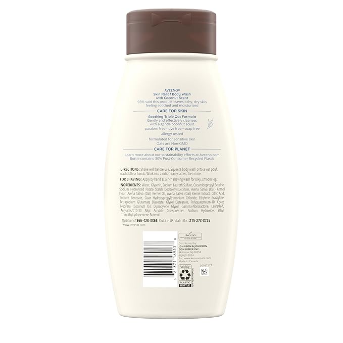 Aveeno Skin Relief Body Wash with a Gentle Coconut Scent & Soothing Triple Oat, Cleanser for Sensitive Skin Leaves Itchy, Dry Skin Soothed & Feeling Moisturized, 18 fl. oz