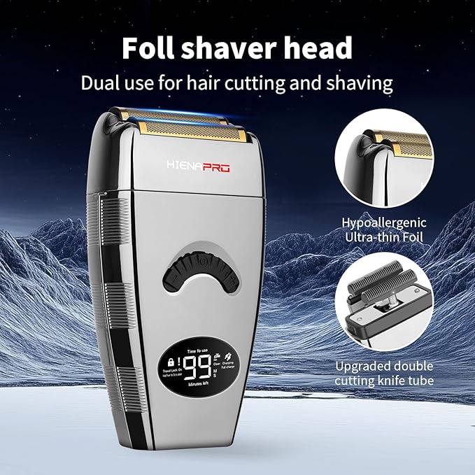 HIENA PRO Reciprocating Foil Shaver for Men, Professional Bald Precision Trimmer and Beard Trimmer, Electric Foil Shaver with USB Charging, Grooming Tools, Gifts for Men(Silver)
