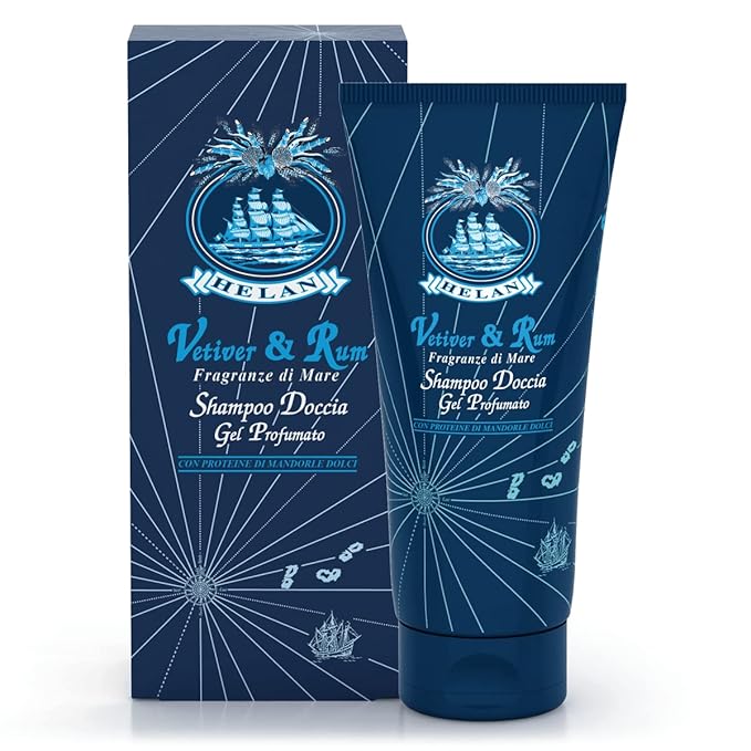 Helan Vetiver & Rum - Mens Body Wash & Shampoo for Sensitive Skin, Gentle and Natural Shower Gel for Body and Hair with Sweet Almond Proteins, Scented and Ideal for Frequent Use Made in Italy 200fl oz