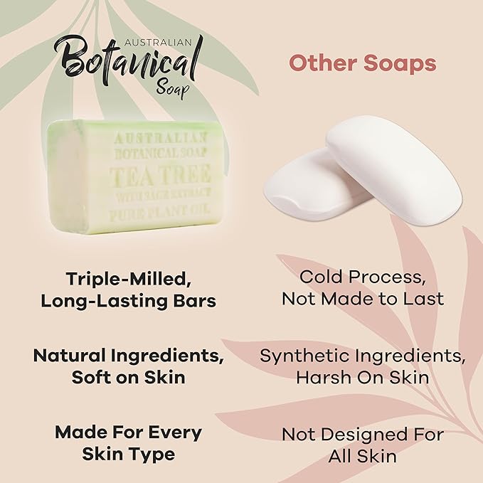 Australian Botanical Soap Tea Tree with Sage Extract 6.6 oz Luxury Soap Bars Enriched with Shea Butter, Suitable for Men, Women and All Skin Types, Pack of 4
