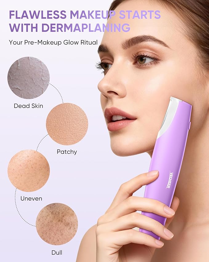 Dermaplane Razor for Women Face, Sonic Dermaplaning Tool for Smooth & Flawless Skin, Dead Skin & Peach Fuzz Gentle Remover, Electric Facial Hair Removal with LED Light&8 Refill Blades, Purple