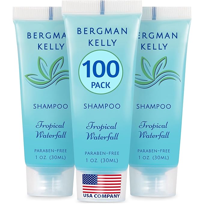 BERGMAN KELLY - Travel Size Hotel Shampoo - 1 fl oz, 100 PK, Tropical Waterfall - Delight Your Guests with Revitalizing & Refreshing Hair Cleanser for Guest Hospitality - Bulk Small Size Shampoo