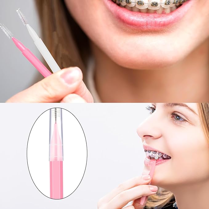 Patelai 100 Pieces Braces Brush for Cleaner Interdental Brush Toothpick Dental Tooth Flossing Head Oral Dental Hygiene Flosser Toothpick Cleaners Tooth Tool(White, Light Pink,Multiple Sizes)