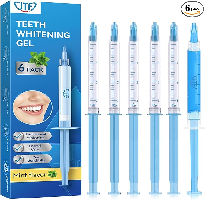 JTF Teeth Whitening Gel Kit: 35% Carbamide Peroxide Removes Stains from Coffee, Wine & Smoking, Safe for Sensitive Teeth & Gentle on Enamel - with 5 Whitening Gels and 1 Remineralization Gel, Mint