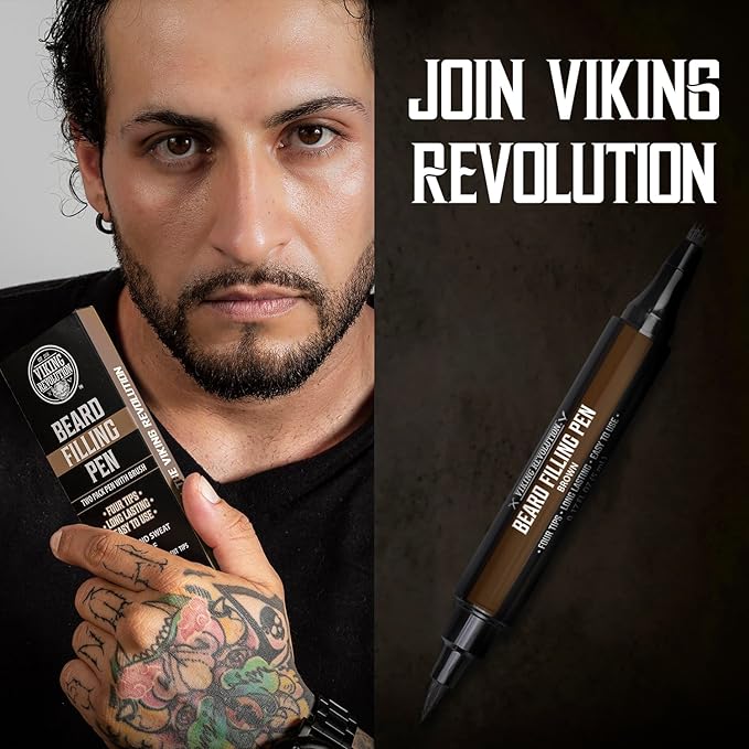 Viking Revolution Beard Pen (2 Pack) - Brown Beard Pencil Filler for Men Lapiz para Barba de Hombre - Beard Filler for Men Waterproof Beard Filling Pen Kit - Long Lasting Beard Filler Pen with Brush