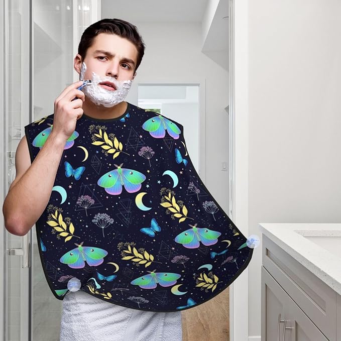Men's Shaving Accessory Goth Moon Moth Butterfly, Waterproof Beard Apron with Hair Catcher & Suction Cups