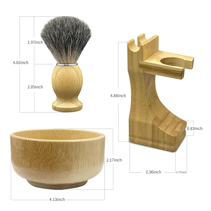 Shaving Brush Set, Pure Badger Shave Brush & Bamboo Bowl with 2 in1 Shaving Stand,Complete Men's Wet Shaving Kit, Eco-Friendly Bamboo Handle, Lathering Bowl & Razor Stand (Horizontal/Hanging)