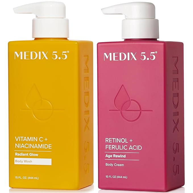 MEDIX Vitamin C Body Wash + Retinol Body Lotion Crepey Skin Moisturizer 2PC Set | Anti Aging Retinol Body Cream + Gel Body Cleanser Skincare Set For Women, Men, & Firmer Looking Skin, 2PC