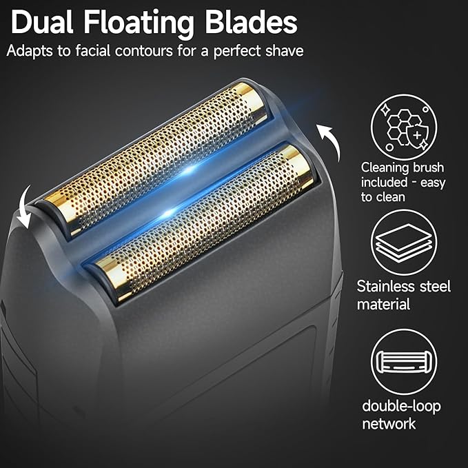 Foil Shaver for Men, Electric Razor with 2-Speed Settings, High-Speed Waterproof Dual Floating Blades for Close Shaving, Rechargeable with LED Display, Ideal for Face, Beard & Head Shaving