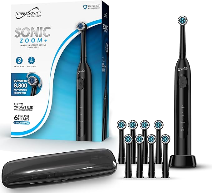 Supersonic TB-1000 Sonic Zoom+ Advanced Rotating Electric Toothbrush | 8,800 OPM | Wireless Charging | 3 Cleaning Modes | 6 Brush Heads | Auto Timer | Travel Case | Black