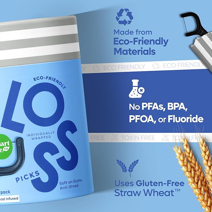 Individually Wrapped Dental Floss Picks (50ct) - Eco-Friendly Flosser Handle Made with Straw Wheat Blend | Great for Travel | PFA Free | Toothpick Stick End | Bamboo Charcoal Thread Whitens Teeth