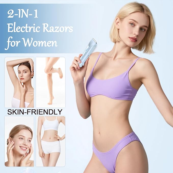 Bikini Trimmer for Women, 2-in-1 Painless Bikini Shaver with Ceramic Blade, Dual-Head Electric Shaver, Ipx7 Waterproof for Shower & Travel, Womens Electric Razor for Armpit Leg Body Facial, Blue