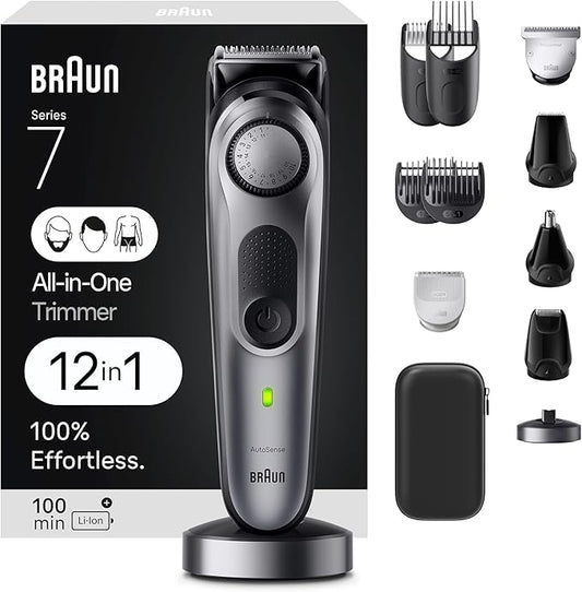Braun All-in-One Men's Shaving Kit Series 7 7440, 12-in-1 Beard, Face, Nose, Ear Trimmer, Hair Clippers, Body Groomer and Manscaping + Travel Case + Charging Stand