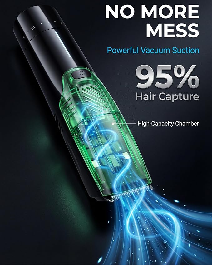 Vacuum Beard Trimmer for Men – 2-Speed Adjustable Suction & Power, IPX6 Waterproof Wet/Dry Cordless Hair Clipper. 40 Length Settings (0.5-20mm), USB-C Fast Charge, Magnetic Easy-Clean Bin&Travel Lock