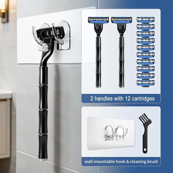 3-Blade Men Razor with Lubricating Strip & Pivoting Head - Safety Razor Blades Kit Includes 2 Handles, 12 Razor Blade Refills, Wall Hook & Cleaning Brush