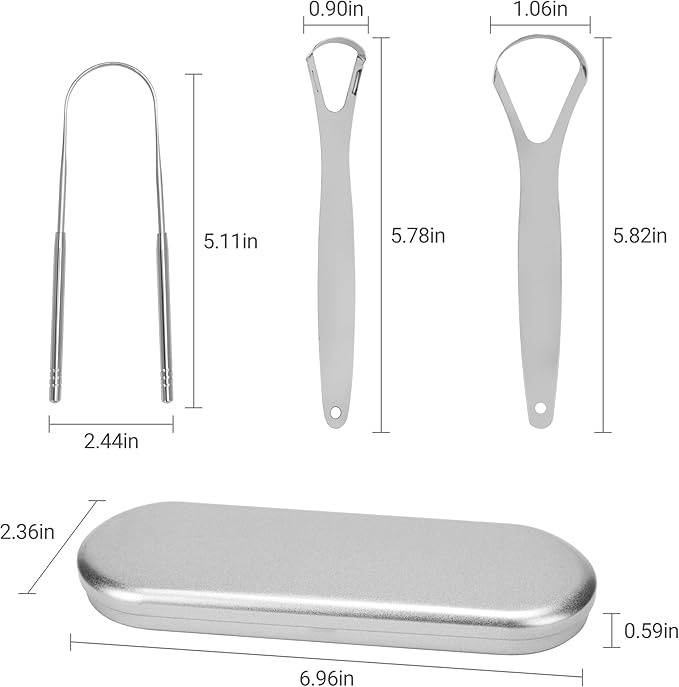 3-Pack Tongue Scraper with Travel Case (Silver), Reduce Bad Breath, Metal Tongue Scraper, Tongue Cleaner, Tongue Scraper, Tongue Cleaner for Adults