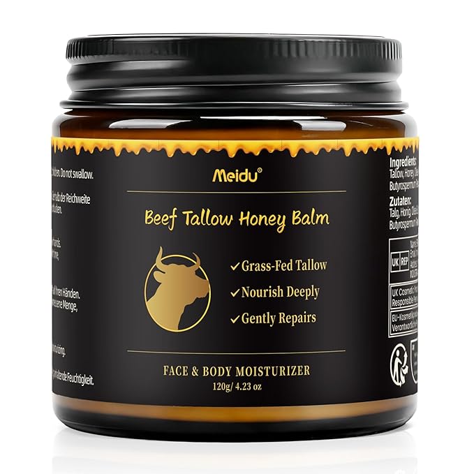 Tallow and Honey Balm, Beef Tallow for Skin, Tallow Face Moisturizer with 100% Organic Grass-Fed Beef Tallow & Raw Wild Honey, Natural Formula for Face & Body for Men Women, 4.2 Fl Oz (Pack of 1)-120g