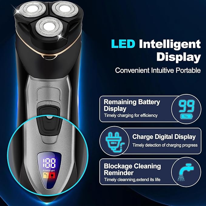 Electric Razor for Men, 3-Blade Cordless Rechargeable Rotary Shaver, IPX7 Waterproof Wet Dry Electric Shaver for Face, Beard Trimmer, Type-C Fast Charging & LED Display, Portable Travel Grooming Kit