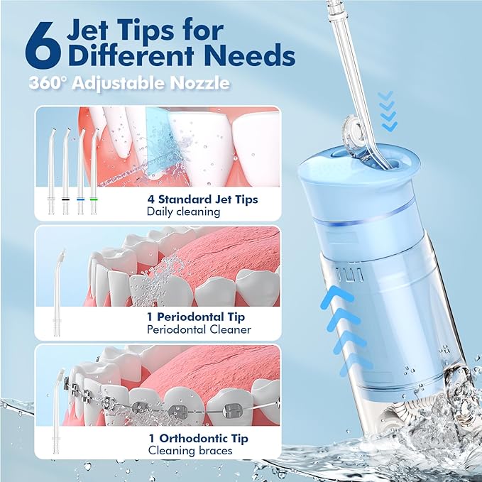 Bezvoi Water Flosser Mini Cordless Portable: 5 Modes Travel Water Dental Floss with Telescopic Water Tank, IPX7 Waterproof Oral Irrigator for Teeth Cleaning Gums,Orthodontic,Braces Care (Sky Blue)