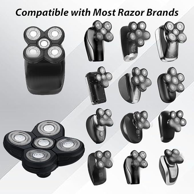 5 Replacement Heads for Universal Series Head Shaver, Waterproof Blade Electric Bald Men Freedom Grooming Waterproof Razor Refills Rotary Heads Design + 2 Cleaning Brushes for Father Husband Partner