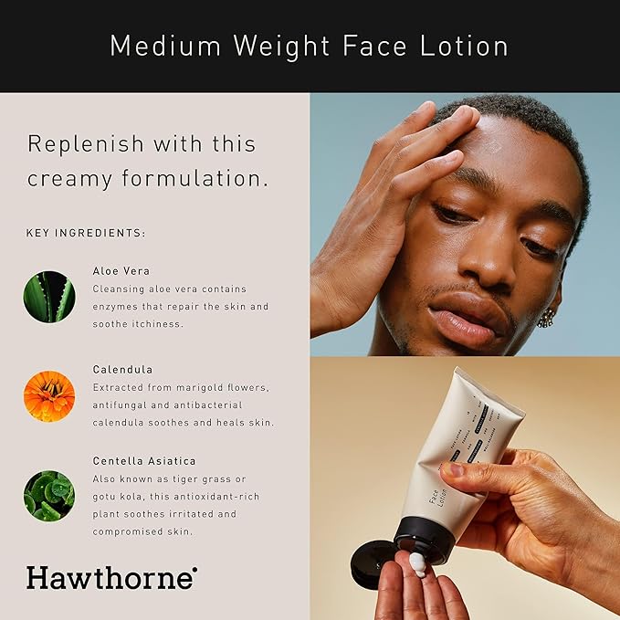 Hawthorne Men’s Medium Weight Face Lotion with Aloe and Tiger Grass | Face Cream Moisturizer for Normal to Dry Skin | 4 FL OZ (Medium, Aloe Vera)