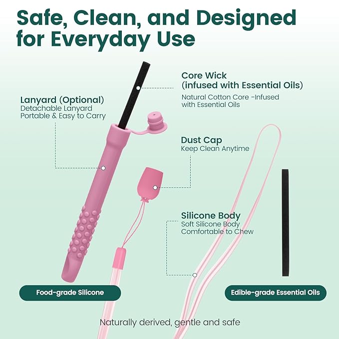 Chewable Silicone Aroma Sticks with Essential Oils for Stress Relief & Fresh Breath, Improving Pen Biting & Smoking Habits.(Pink)