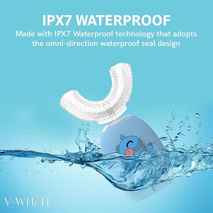 V-WHITE Electric Toothbrush Kids- Ultrasonic U-Shaped Toothbrushes for Teeth Whitening - 360° Mouth Cleansing, Hands Free Gums Protection - Wireless Charging & LED Light - Waterproof IPX7 Certified