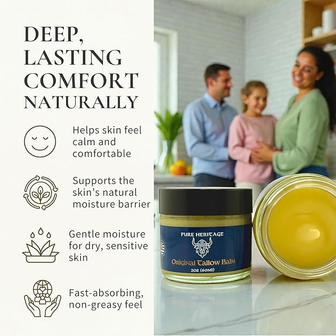 Pure Heritage Original Tallow Balm – Grass-Fed & Finished Moisturizer & Healing Cream with Frankincense & Cedarwood | Natural Care for Sensitive Skin, Eczema, Rosacea, Babies, Men & Women (2oz)