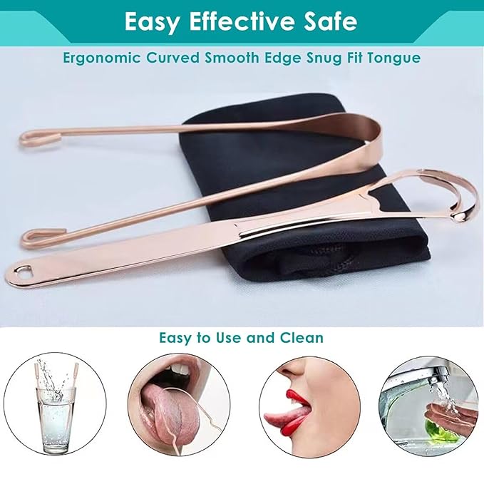 2Pcs Copper Tongue Scraper, Tongue Cleaner Set for Adults Kids, Stainless steel Wide Double Blades Oral Tongue Brush Cleaning Scrapping Sweeper for Fresh Breath and Mouth Hygiene Care with Travel Bag