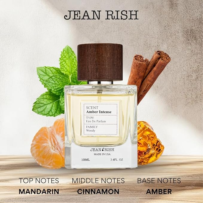 Jean Rish Amber Intense, Eau De Parfum for Men (3.4 Fl Oz / 100 ml) with Mandarin, Cinnamon, Amber – Long Lasting and Luxury Fragrance, Made In USA