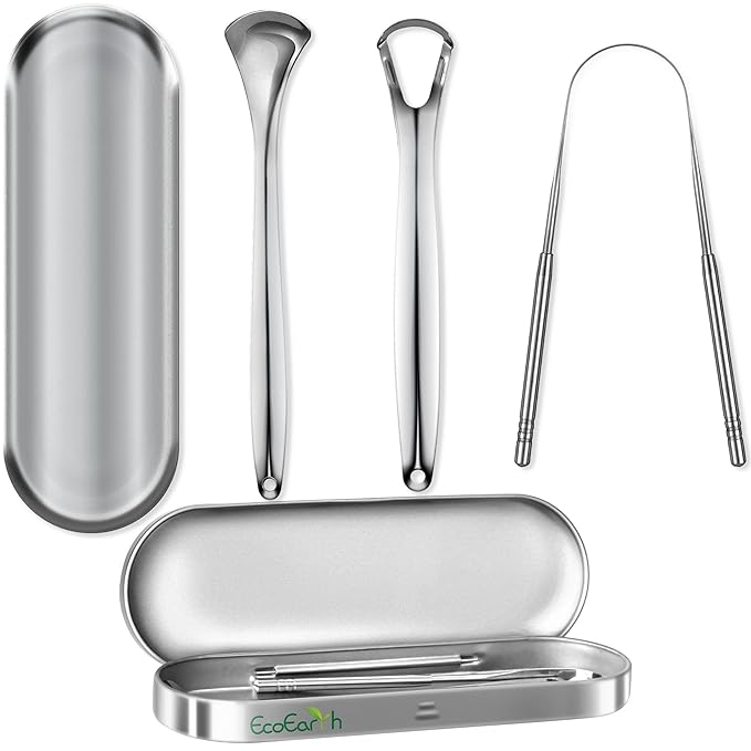 Tongue Scraper for Adults - 3 Pcs Metal Tongue Cleaner with Silver Storage Case - Tough Stainless Steel Mouth Scrubber for Fresh Breath & Oral Hygiene - by EcoEarth