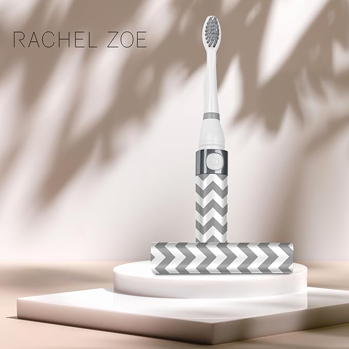 Rachel Zoe Portable Electric Toothbrush for Adults, Battery Operated Compact Sonic Tooth Brush for Trips, Waterproof Travel Toothbrush with Cover, 2 Removable Brush Heads Included, Gray and White