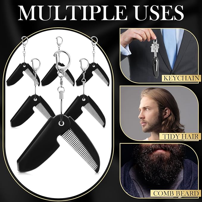 Nosiny 6 Pcs Beard Mustache Folding Comb With Keychain - Handmade Moustache Comb for Multifunctional Pocket Saw Cut Styling, Black