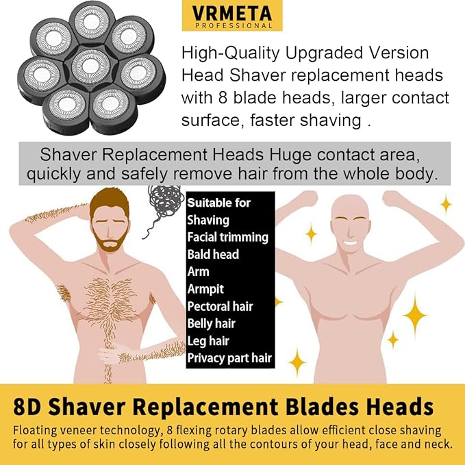 Head Shaver Replacement Heads Floating Shaver Blades 8D Sharp Stainless Steel Men's Electric Shaver Replacement Heads for Electric Rotary Shaver (8 heads (Black)