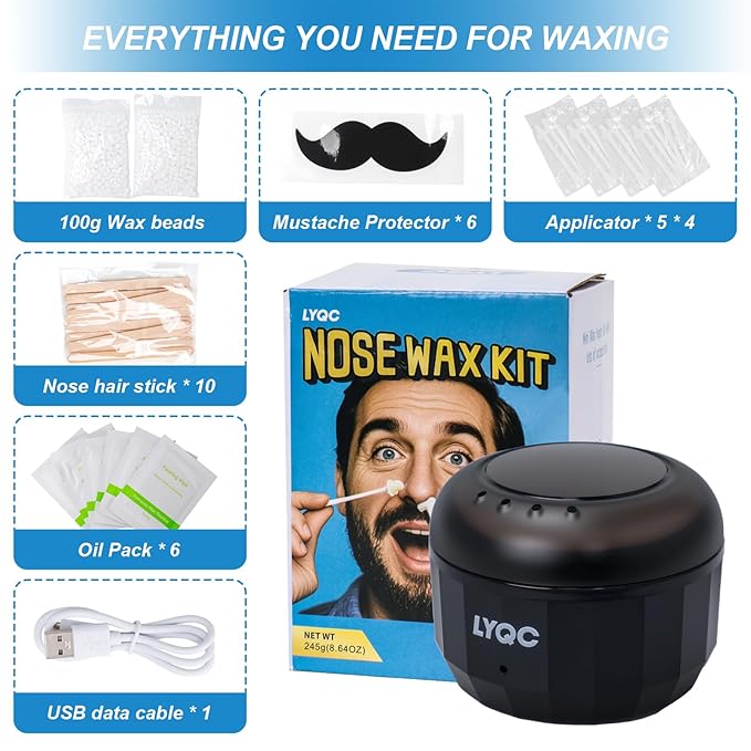 Nose Wax Kit Men, Mini Wax Warmer for Nose Eyebrow Ear Hair Removal, waxing kit with USB Fast Heat，including 100g Beads & 30 Sticks，Portable wax machine, suitable for home travel use - black